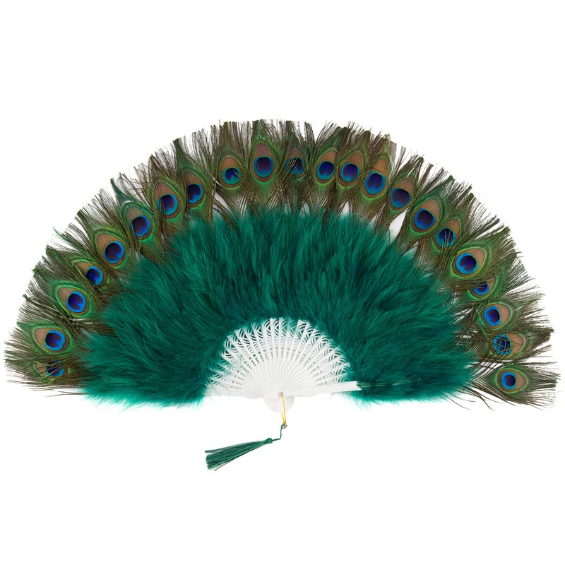 BABEYOND Roaring 20s Vintage Style Peacock & Black Marabou Feather Fan Flapper Accessories for Costume Halloween Dancing Party Tea Party Variety Show (Dark Green-White Rib) - Image 1